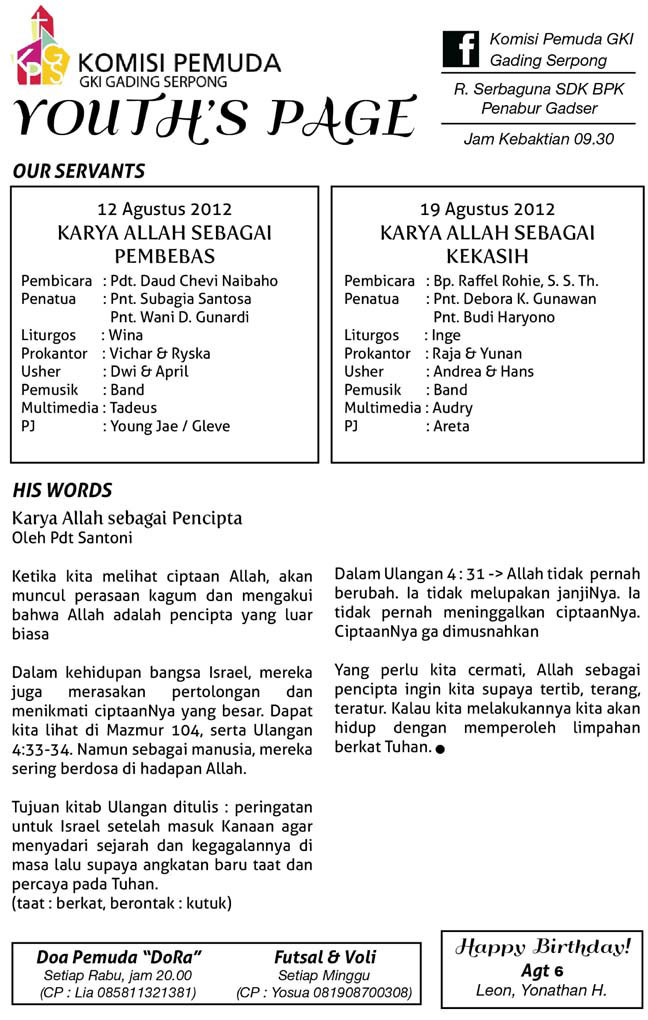 Youths Page Komisi Pemuda 12 dan 19 Agustus 2012