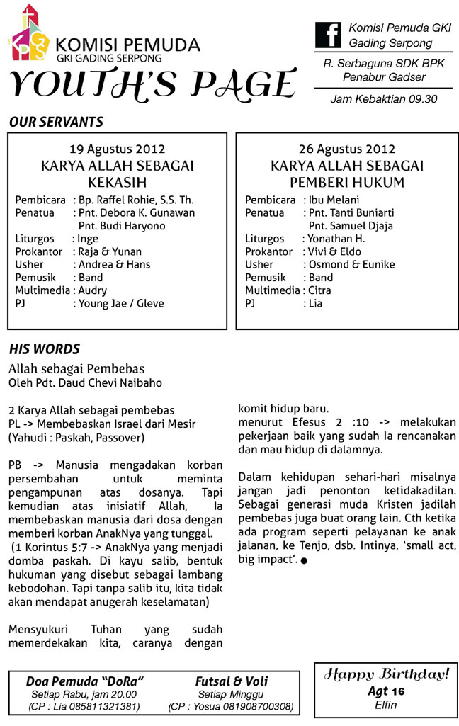 Youths Page Komisi Pemuda 19 dan 26 Agustus 2012