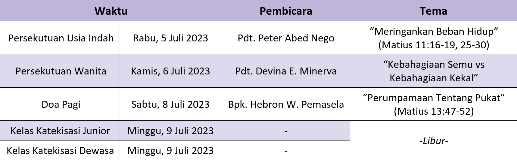 Jadwal Sepekan 2 Juli 2023