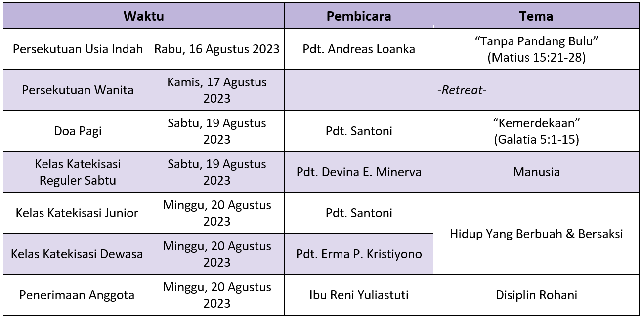 Jadwal Sepekan 13 Agustus 2023