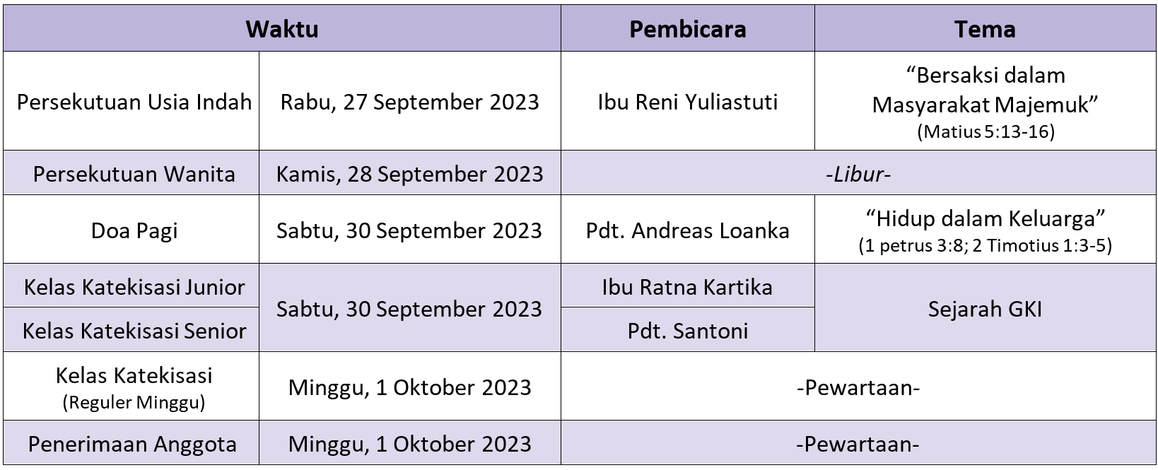 Jadwal Sepekan 24 Sept 2023