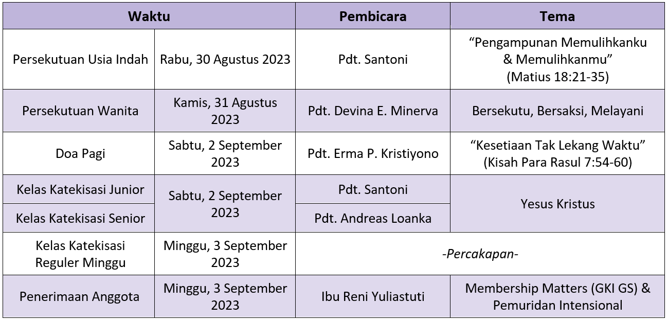 Jadwal Sepekan 27 Agustus 2023