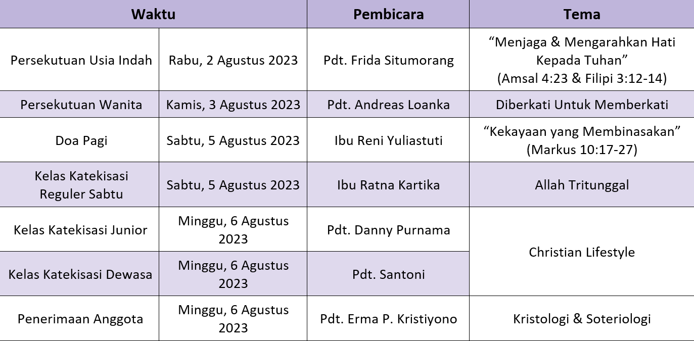 Jadwal Sepekan 30 Juli 2023