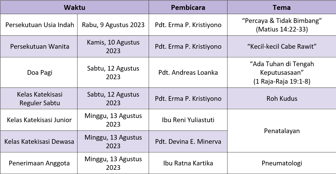 Jadwal Sepekan 6 Agustus 2023